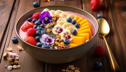 a smoothie bowl topped with granola fresh fruits and edible flowers photographed from above on a rustic wooden table
