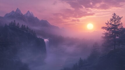 Fototapeta premium Breathtaking sunrise over misty mountains, creating a peaceful and serene atmosphere.