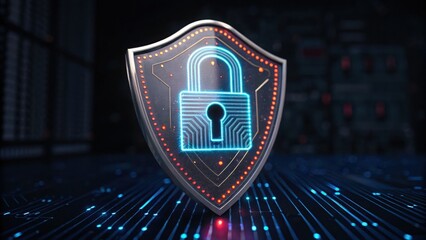 Futuristic cybersecurity shield with lock symbolizing advanced protection against digital threats