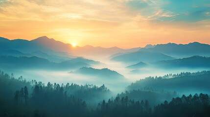 Fototapeta premium Breathtaking sunrise over misty mountains, creating a peaceful and serene atmosphere.