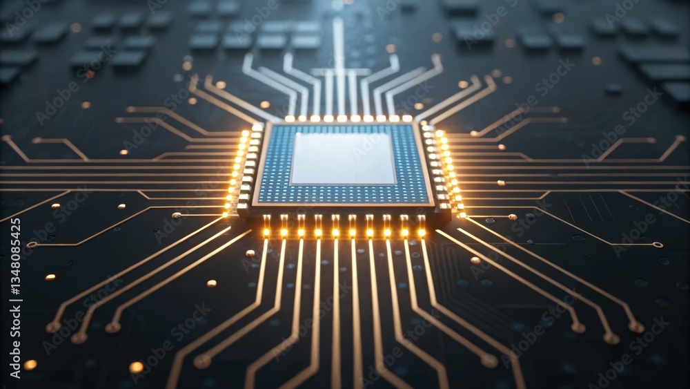 Poster circuit board illuminated by white light representing digital transformation and technological progr