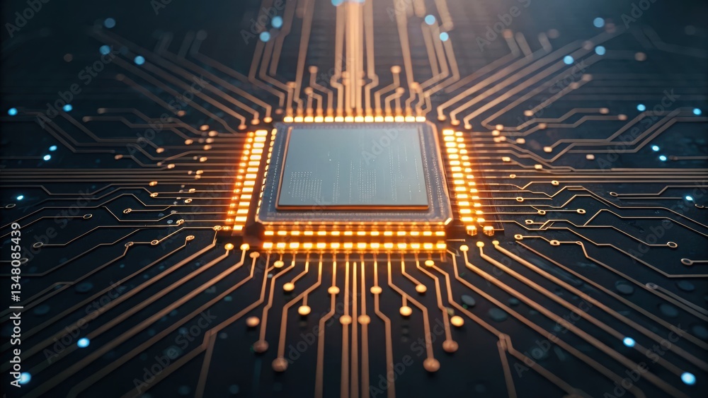 Poster circuit board with lit circuit illustrating the concept of digital transformation and connectivity