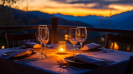 Candlelit dinner setting with wine glasses and romantic ambiance.