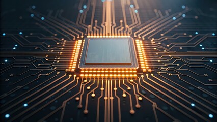 Circuit board with lit circuit illustrating the concept of digital transformation and connectivity