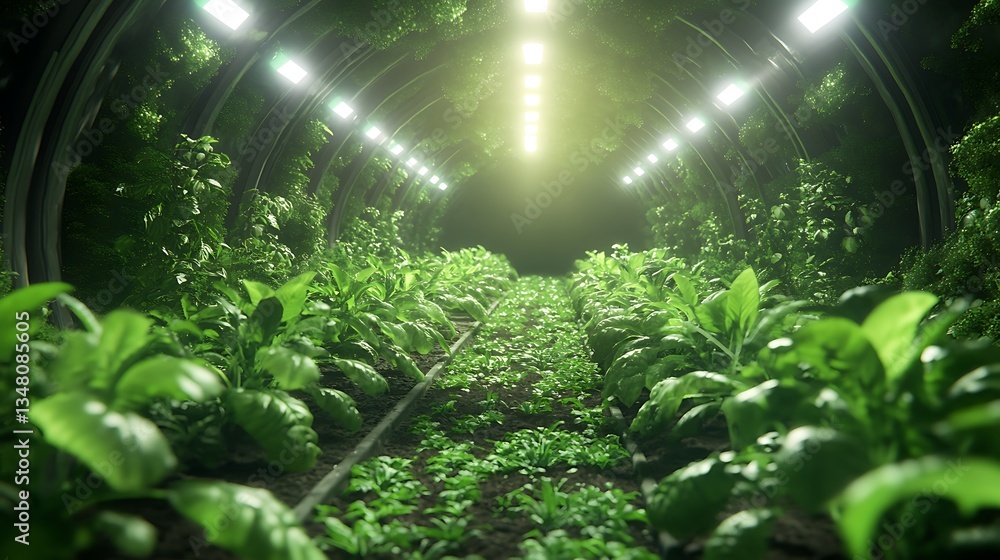 Aufkleber lush greenery grows in a futuristic, illuminated tunnel environment.
