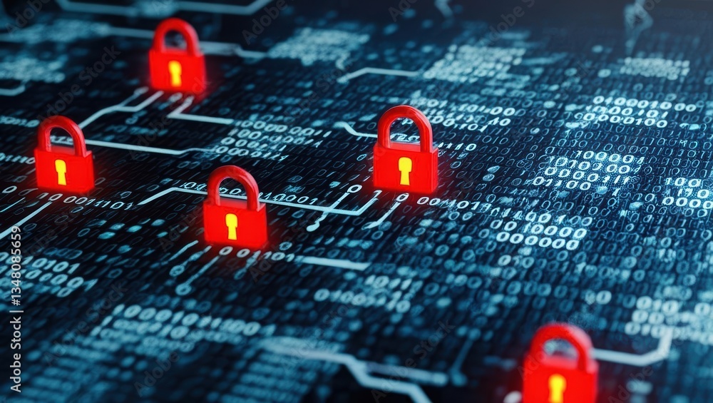 Poster computer circuit illuminated by red lights indicating security breach in hacked digital network