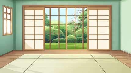 Traditional Japanese Tea Room with Tatami Floor and Garden View