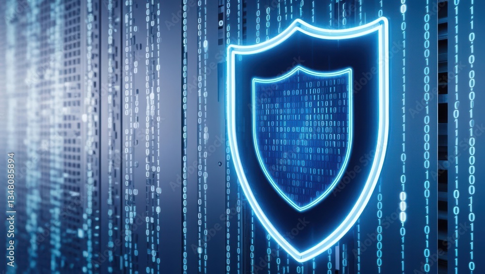 Poster high-tech firewall protection with neon-lit data shield and binary code matrix on dark background