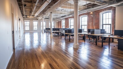 Fototapeta premium Large Open Coworking Space with Empty Desks and Natural Light