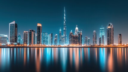 Dubai Skyline Night Reflection