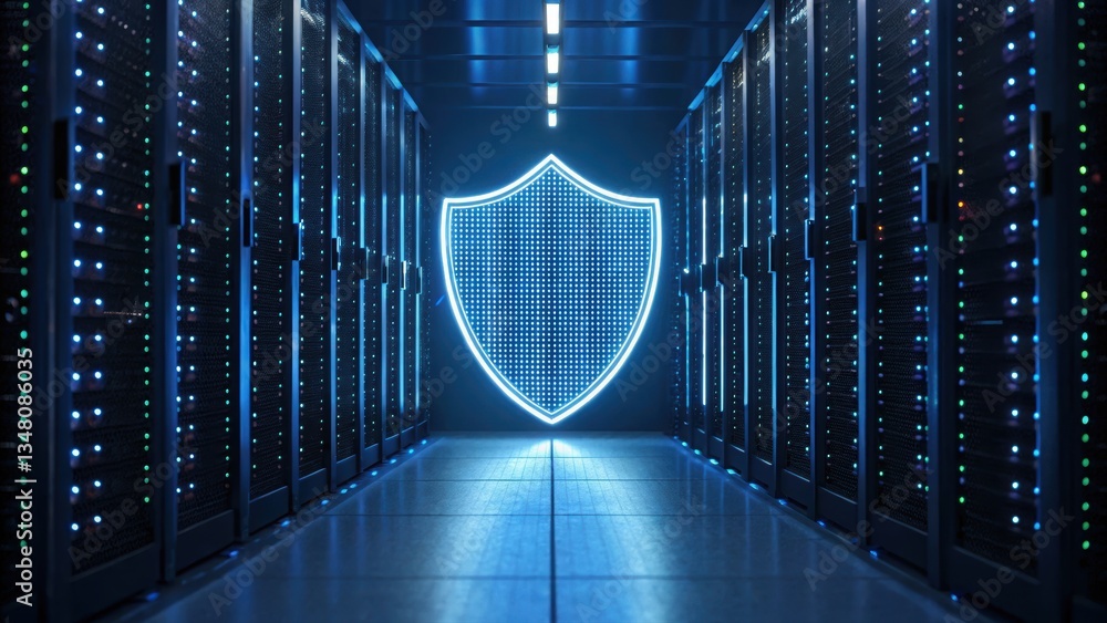 Poster server room featuring a shield with high-tech firewall protection and neon-lit data shield design