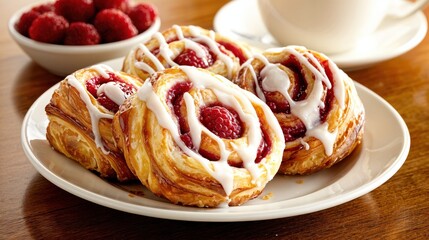Freshly baked raspberry pastries glisten with icing, surrounded by a quaint ambiance of a welcoming bakery, offering a delightful start to the day.