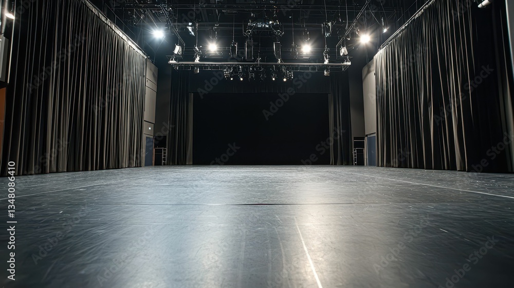 Poster minimalist stage with empty black floor and soft lighting setup