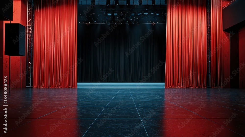Poster minimalist stage with empty black floor and red curtains awaiting performance