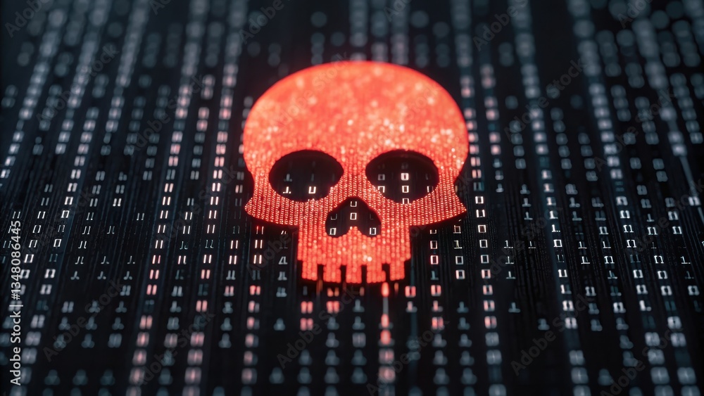 Poster malicious hacker attack concept demonstrated with a glowing red skull on a computer screen