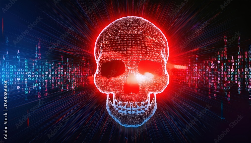 Poster malicious hacker attack concept featuring a glowing red skull symbol emerging from digital code