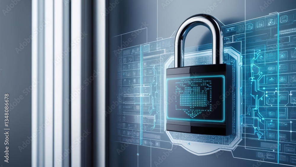 Poster next-gen cybersecurity defense system with holographic lock and encrypted digital grid on wall