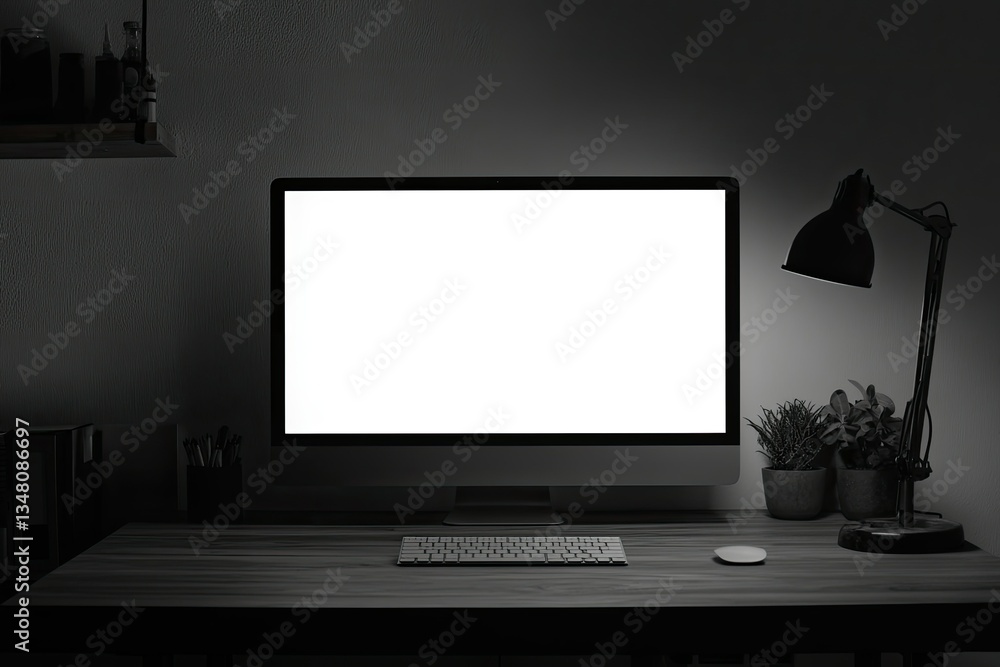 Poster detailed picture of blank computer screen on a table