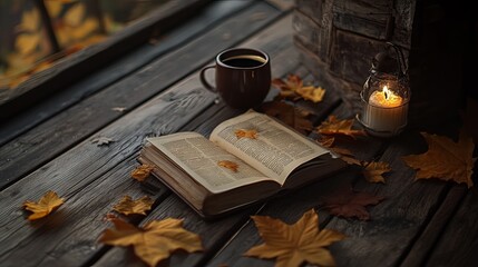 Cozy autumn scene with a book, a cup of coffee, and fallen leaves on a wooden table. 