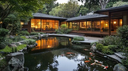 Modern Japanese House with Tranquil Courtyard and Reflective Pond
