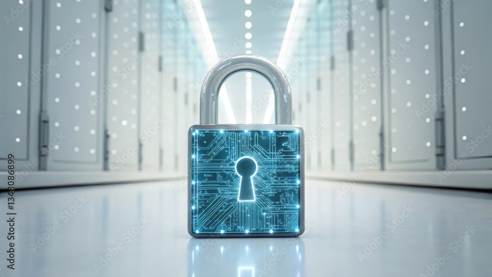 Poster next-level cybersecurity with a padlock integrated in a data center for ultimate data protection