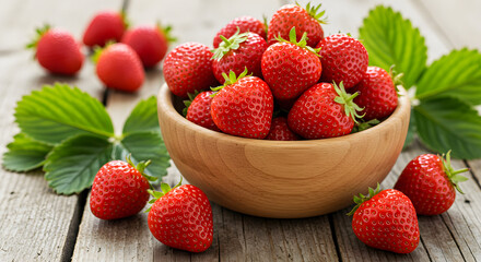 Rustic Charm: A Bowl of Fresh Strawberries with Scattered Leaves