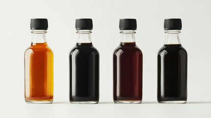 Mockup of four small bottles of different colored liquids on white background. Possible use for product presentation, advertising, or packaging design