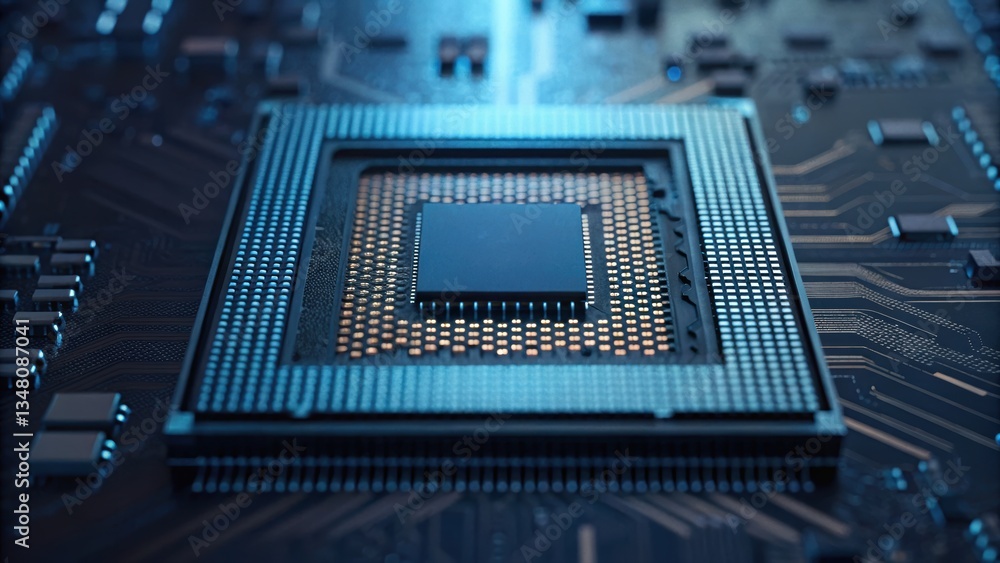 Poster intricately designed cpu chip symbolizing the quantum computing revolution in advanced technology
