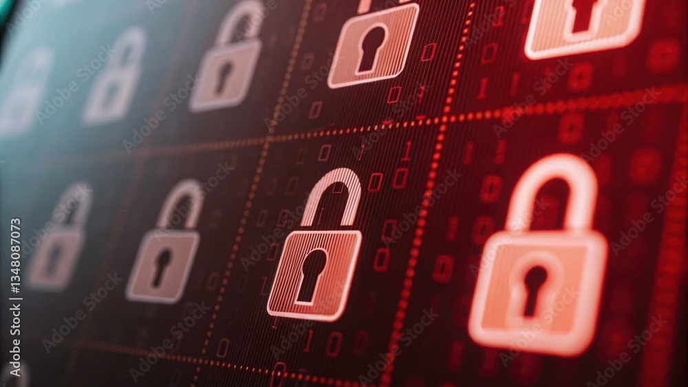 Poster computer screen displaying a prominent padlock symbol signifying digital security and protection
