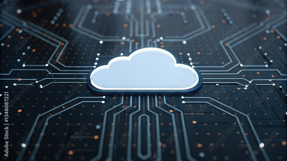 Poster cloud positioned on circuit board representing advanced high-tech interface and digital connectivity