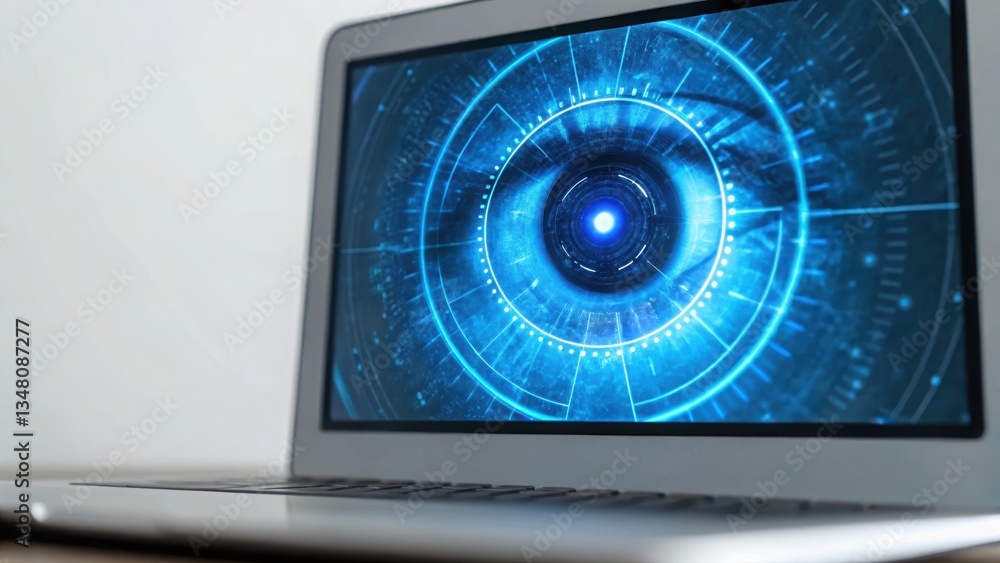 Aufkleber laptop displaying a blue eye for secure digital authentication using advanced retina scan interface