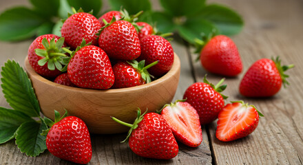 Fresh Ripe Strawberries in a Wooden Bowl: A Rustic and Natural Delight