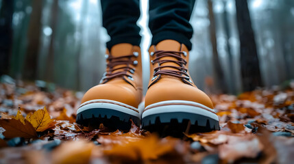 Close-up of Brown Boots on an Autumn Forest Path