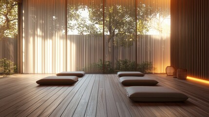 Serene Meditation Room with Wooden Flooring and Natural Light