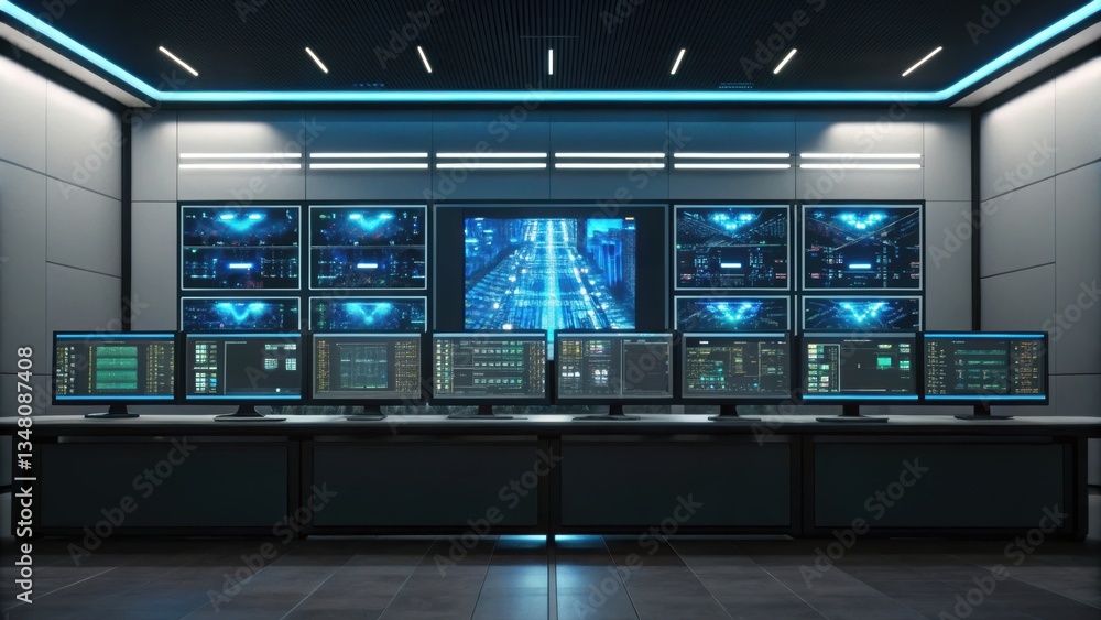 Poster control room equipped with advanced technology for smart cybersecurity analytics and digital trackin