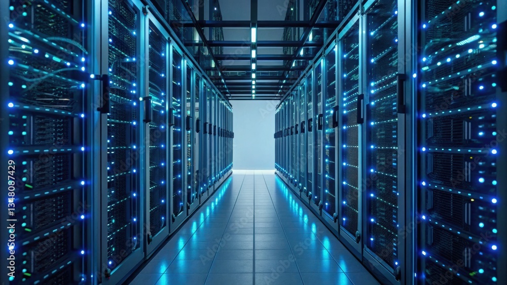 Poster high-tech server room featuring intricate networking and automated digital workflows in action