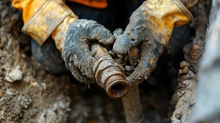 Plumber Removing Old Corroded Pipe Fittings from Ground Excavation