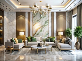 Luxurious white marble living room; minimalist furniture mockup, surreal modern design.