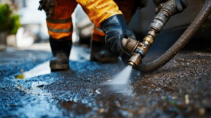 Plumber Using Hydro Jet to Blast Away Stubborn Clogs and Debris