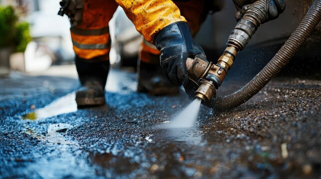 Plumber Using Hydro Jet to Blast Away Stubborn Clogs and Debris
