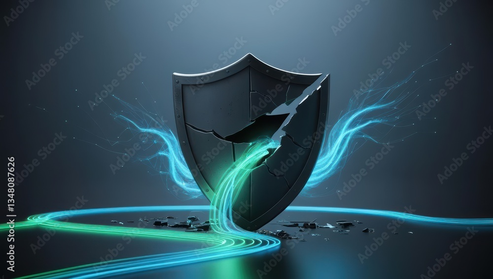 Poster macro perspective of a broken computer shield illustrating dark tech theme of security breach risks