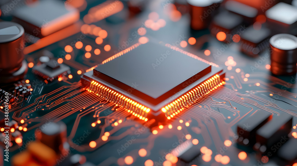 Canvas Prints close-up of glowing orange microchip on dark circuit board