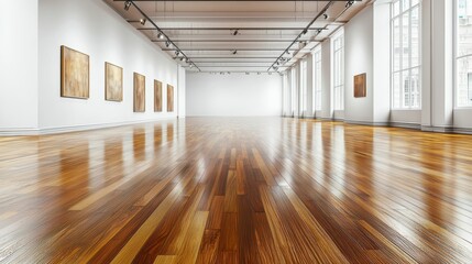 Naklejka premium Polished Wooden Floor in Empty Art Gallery Setting Showcase