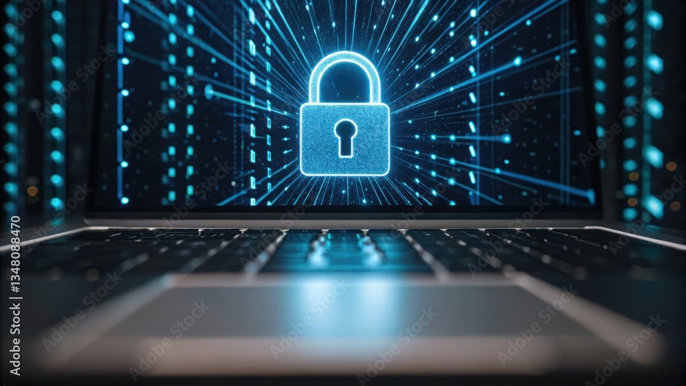 Poster laptop screen displaying a lock symbol signifying zero-day cyber threats and unseen attack vulnerabi