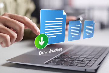 Person downloading data or documents to computer files. cloud storage technology, backup cyber...