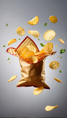 Bag of potato chips flying in the air isolated on a background. Dynamic angle of exploding chips against grey gradient background. Bag of exploding chips