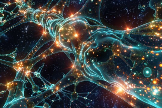 Microscopic graph database view; organic neural pathways glow with bioluminescent data connections in deep space noise.