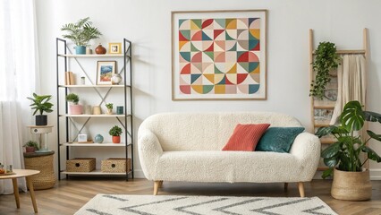 Obraz premium Minimalist Boho Living Room with Cozy Decor. modern, boho, decor, cozy, chic, stylish, interior, home, design, furniture, aesthetic, living, contemporary, neutral, warmth, elegant, Scandinavian.