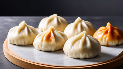 Freshly baked chinese asian steamed baozi pork buns. Cooked hot warm steamed bbq buns dumplings. Stuffed bao bun traditional chinese asian cuisine food.