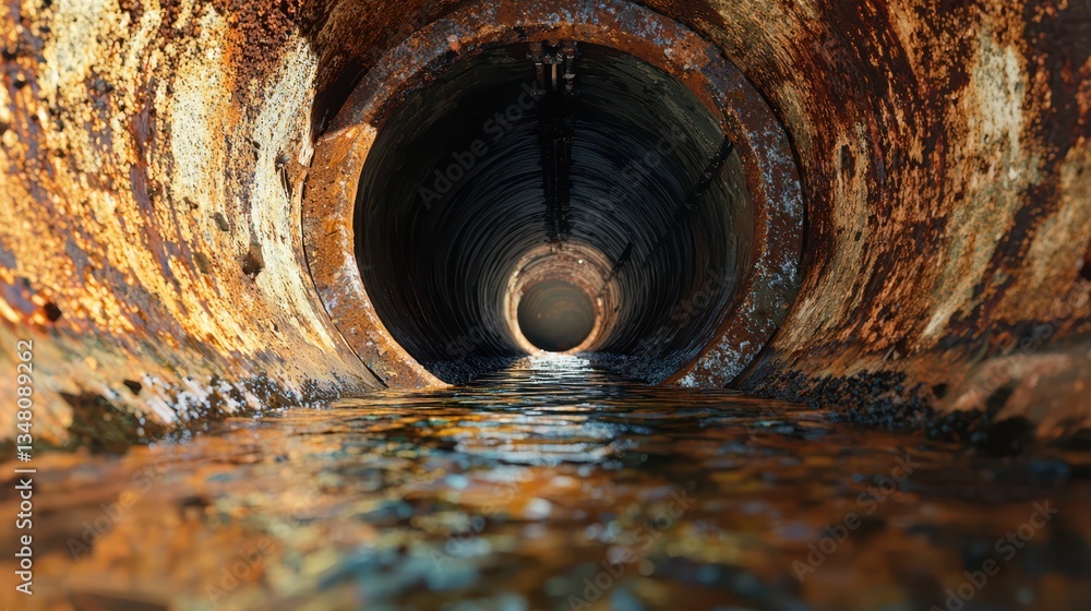 Poster inside aging pipeline with thick rust and water reflection